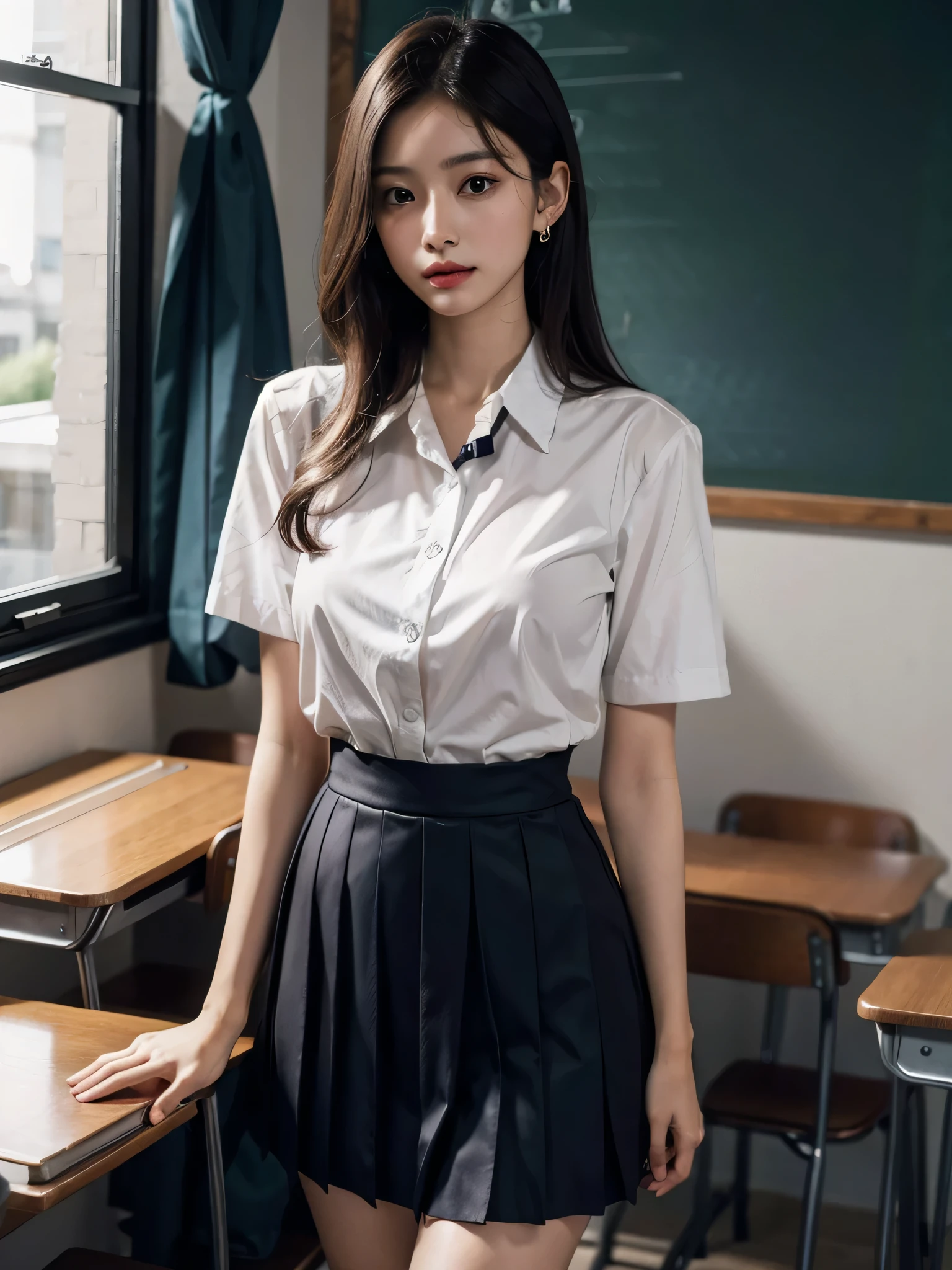 disorganized, RAW photo, very delicate and beautiful, masterpiece, highest quality, ultra high resolution, 16k, surreal, super detailed, perfect anatomy, super dense skin, perfect figure, Highly detailed CG 8k wallpaper, 20's, very slim body, (tight waist:1.1), very small head, very small face, delicate features, tearful mole, mole on chest, earrings, thin legs, (very huge round breasts:1.2), (full body shot:1.3), short middle hair, wavy hair, (school uniform:1.3),