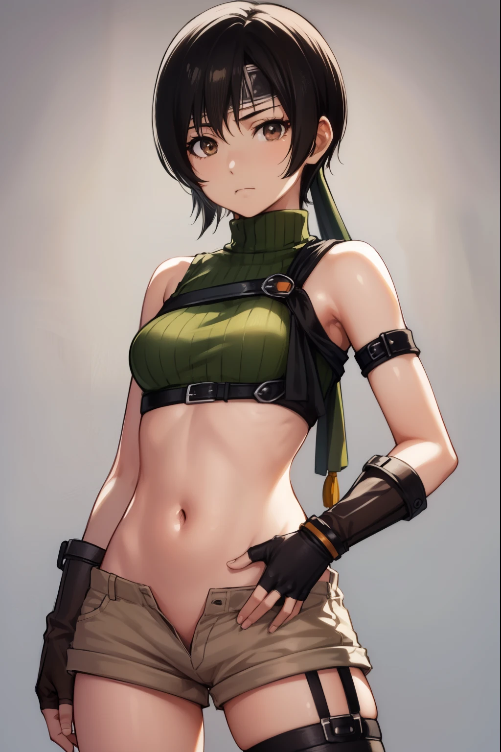 Yuffie Exaragi, Yuffie Kisaragi, (black hair:1.5), (brown eyes:1.7), short hair, pixie cut,
break crop top, fingerless gloves, fishnet Thighhighs, fishnet, forehead protector, gloves, head band, belly button, short shorts, shorts, single sleeve, single thigh high, No sleeve, No sleeve turtleneck, Thighhighs, turtleneck,
break cowboy shot, looking at the viewer, 
break indoors,
break (masterpiece:1.2), highest quality, High resolution, unity 8k wallpaper, (figure:0.8), (beautiful and fine eyes:1.6), highly detailed face, perfect lighting, Very detailed CG, (perfect hands, perfect anatomy),