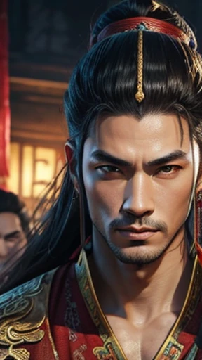 oriental、man in ancient chinese clothes、ancient chinese hairstyle man、three kingdom、multiple warlords、highest quality、masterpiece、ultra high resolution、(Photoreal:1.4)、game poster、