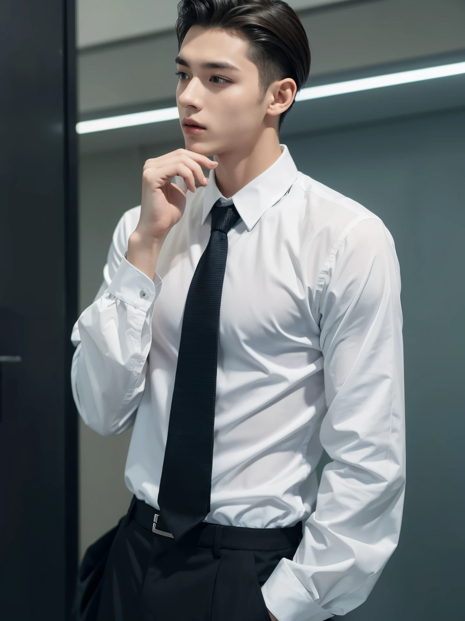 boy, y.o, handsome, slick back, long-sleeved shirt, tie, school