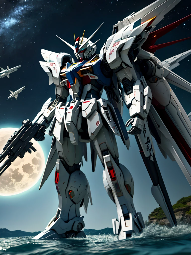 New launch century Gundam X、big moon、lake surface、Floating on the water、standing on tiptoe、Satellite Cannon、Beautiful scenery、high resolution、Beautiful night sky、Multicolored light、Clean light、large on the back4Feathers、water surface、standing on tiptoe、Carrying a large cannon on his back、超high resolution、4K、countless stars々、overlooking、I'm poised、Firing regime、Bitmobile suit around、New Gundam X、