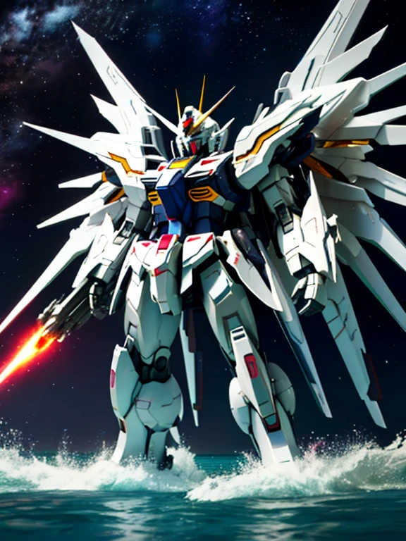 New launch century Gundam X、big moon、lake surface、Floating on the water、standing on tiptoe、Satellite Cannon、Beautiful scenery、high resolution、Beautiful night sky、Multicolored light、Clean light、large on the back4Feathers、water surface、standing on tiptoe、Carrying a large cannon on his back、超high resolution、4K、countless stars々、overlooking、I'm poised、Firing regime、Bitmobile suit around、New Gundam X、