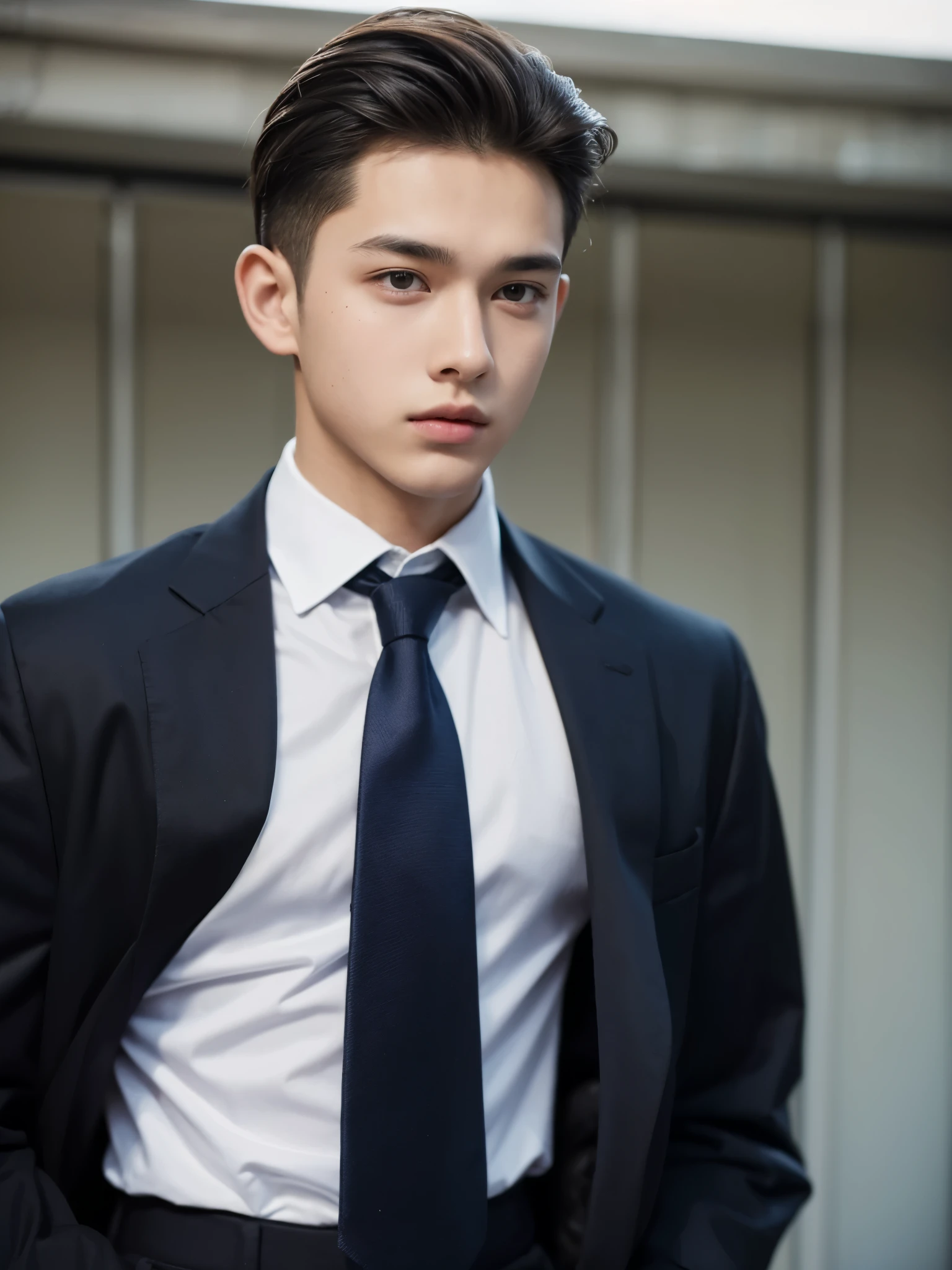 boy, 17 y.o, handsome, slick back, long-sleeved shirt, tie, school