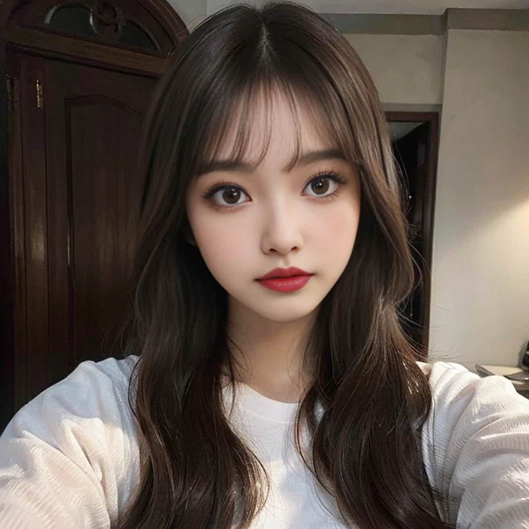 best quality, masterpiece, highres, (detailed:1.4), 1 girl, (thick eyeliner), light brown hair, natural looking makeup, thick eyeshadow, extremally thin eyebrows, Highlighted eyes with eyeliner, wavy hair