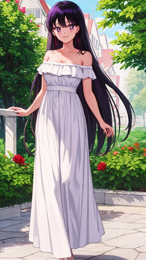 Rei_Hino, 1 girl, solo, Best quality, masterpiece, High Definition, Teenager, Purple Eyes, Beautiful Detail Eyes, Black Hair, Long Hair, Good hands, Smile, Bare Neck, Bare Arms, Bare Shoulders, White Ruffle Off-the-Shoulder Top, White Strapless Off-the-shoulder Dress, White Dress, Long maxi dress, standing near to a garden house Background, Rose bushes