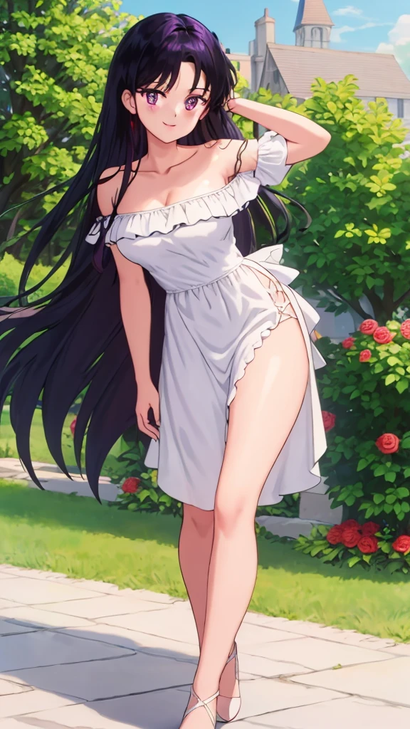 Rei_Hino, 1 girl, solo, Best quality, masterpiece, High Definition, Teenager, Purple Eyes, Beautiful Detail Eyes, Black Hair, Long Hair, Good hands, Smile, Bare Neck, Bare Arms, Bare Shoulders, White Ruffle Off-the-Shoulder Top, White Strapless Off-the-shoulder Dress, White Dress, Long maxi dress, standing near to a garden house Background, Rose bushes