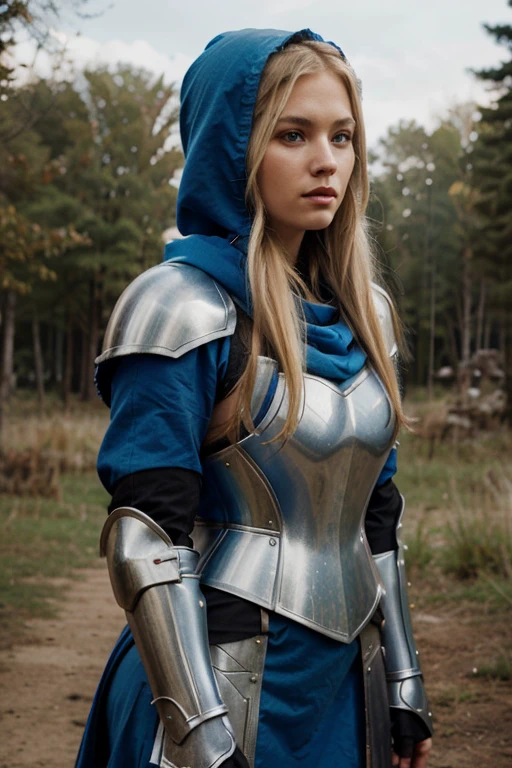 WARRIOR, FEMALE, BLOND HAIR, LONG HAIR, BLUE ARMOR, BLUE HOOD