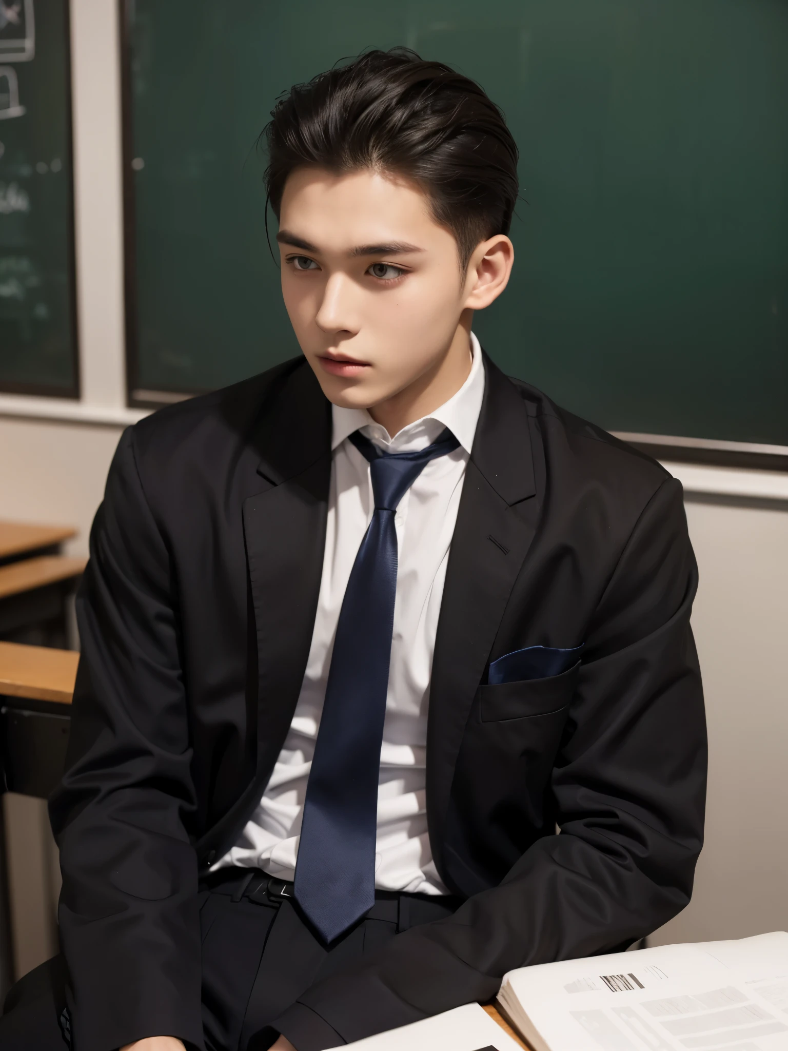 boy, 17 y.o, handsome, slick back, long-sleeved shirt, tie, school