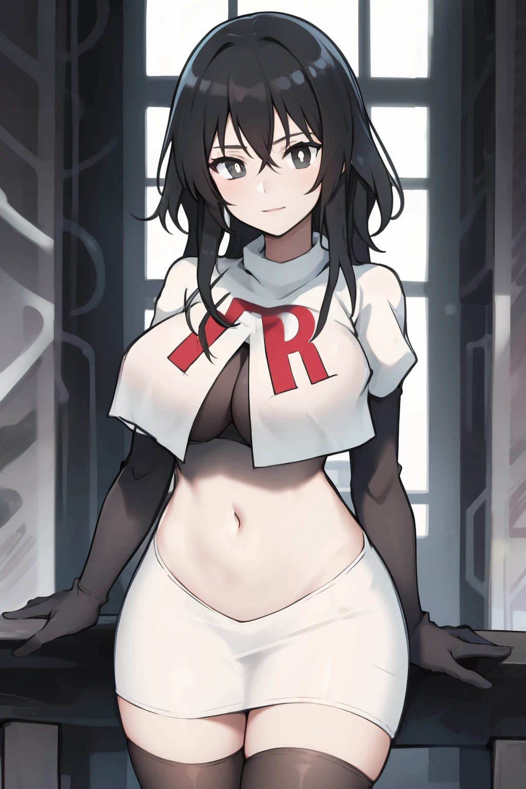 a girl, black hair, (black pupils:1.4), BREAK,big breasts, team rocket,team rocket uniform, red letter R, white skirt,white crop top,black thigh-highs,black elbow gloves