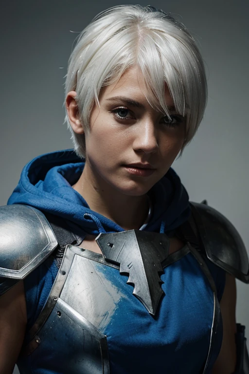 WARRIOR, FEMALE, WHITE HAIR, SHORT HAIR, BLUE ARMOR, BLUE HOOD
