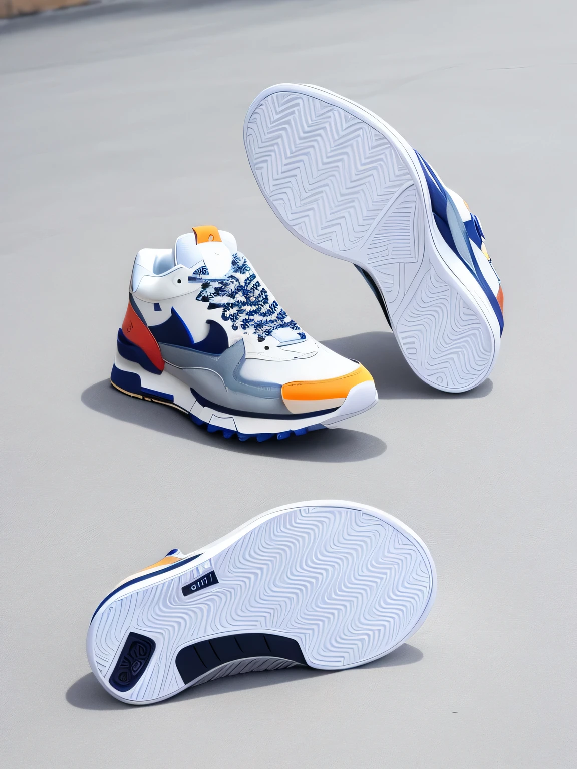 Close-up of a pair of sneakers with white soles, sneaker design,Sneakers should have three views from left to right 