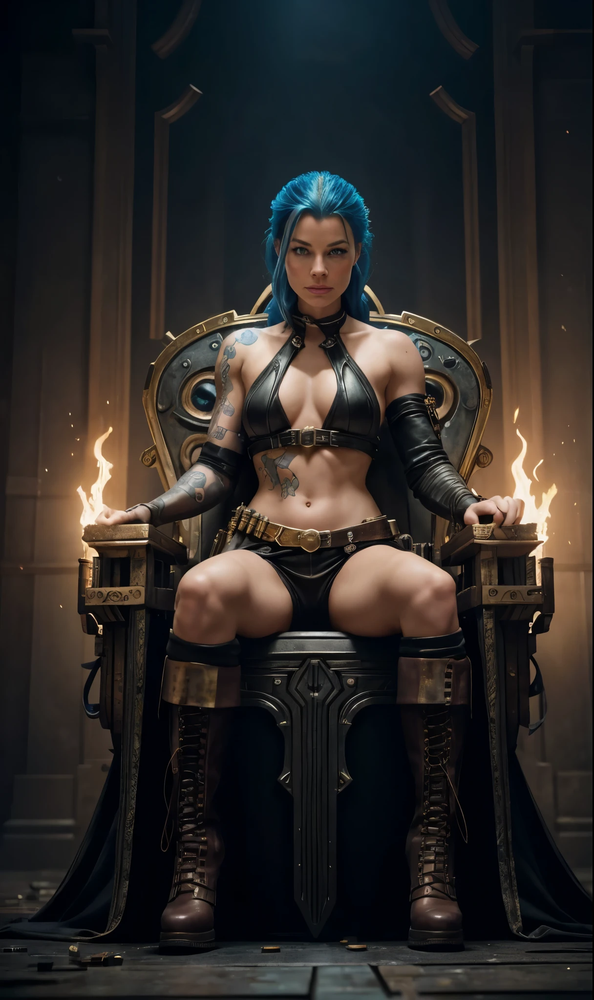 (Evangeline Lilly:Margot Robbie) is jinx from league of legends, sitting in a throne made of junk, pale skin, blue messy hair with long breads, boots, skinny body, small breasts, Full body, Beautiful anime waifu style girl,hyperdetailed painting, luminism, art by Carne Griffiths and Wadim Kashin concept art, dark background, abstract beauty, approaching perfection, pure form, golden ratio, minimalistic, dark atmosphere, unfinished, concept art, intricate details, 8k post production, high resolution, hyperdetailed, trending on artstation, sharp focus, studio photo, intricate details, highly detailed, steampunk 