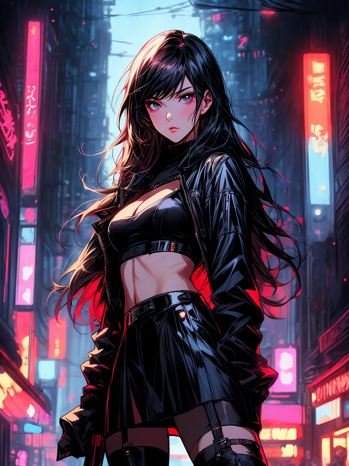 Anime girl standing on city street in leather skirt and black erotic lingerie, long-haired Ilya Kuvshinov, Guviz style artwork, anime art wallpaper 8 K, Guvitz on art station Pisif, Guwiz on Pisiv art station, cyberpunk anime art