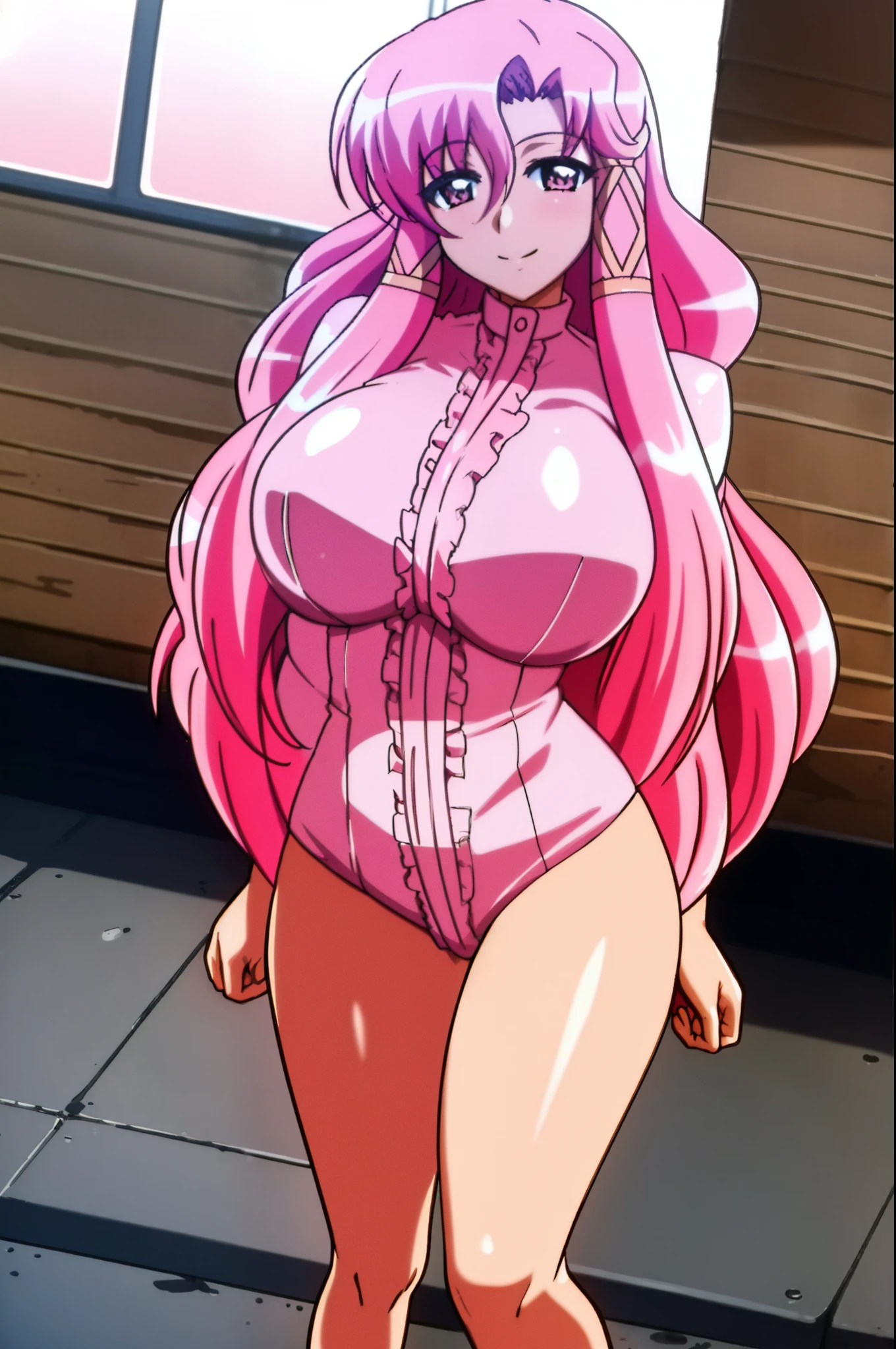 1 girl, pink haire, long haire, pink eyes, smile, sexy body, big breast, HDR, 8K, full body, in the center of image, in town, full body latex costume