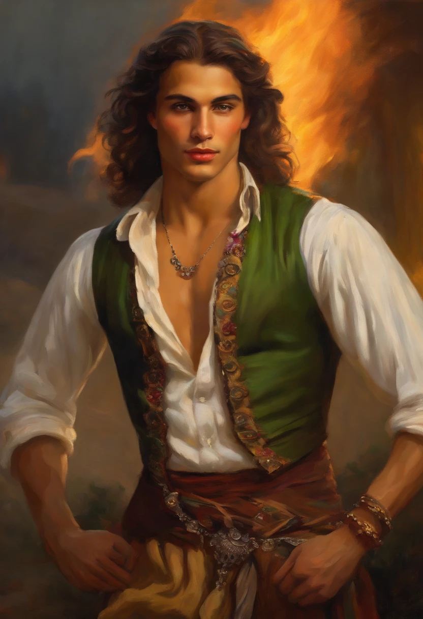 Baroque style painting of a young gypsy dancer, earrings and bracelets, beautiful and strong young man, dressed in a vest, shirt and pants in the style of the Victorian Era, green eyes, long, silky, brown hair falling over his shoulders, ((Dancing close from a bonfire in a gypsy camp)).