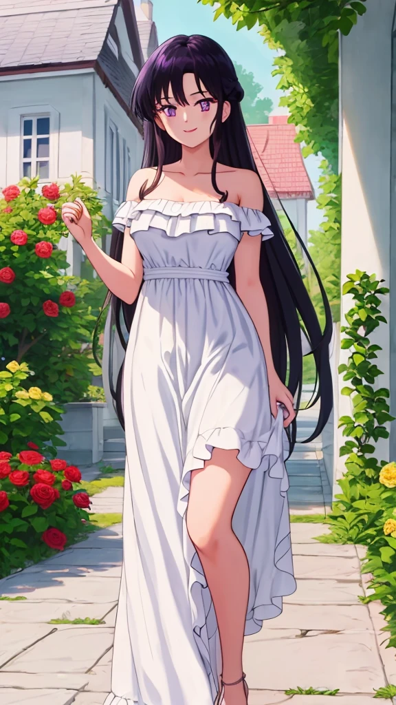 Rei_Hino, 1 girl, solo, Best quality, masterpiece, High Definition, Teenager, Purple Eyes, Beautiful Detail Eyes, Black Hair, Long Hair, Good hands, Smile, Bare Neck, Bare Arms, Bare Shoulders, White Ruffle Off-the-Shoulder Top, White Strapless Off-the-shoulder Dress, White Dress, Long maxi dress, standing near to a garden house Background, Rose bushes