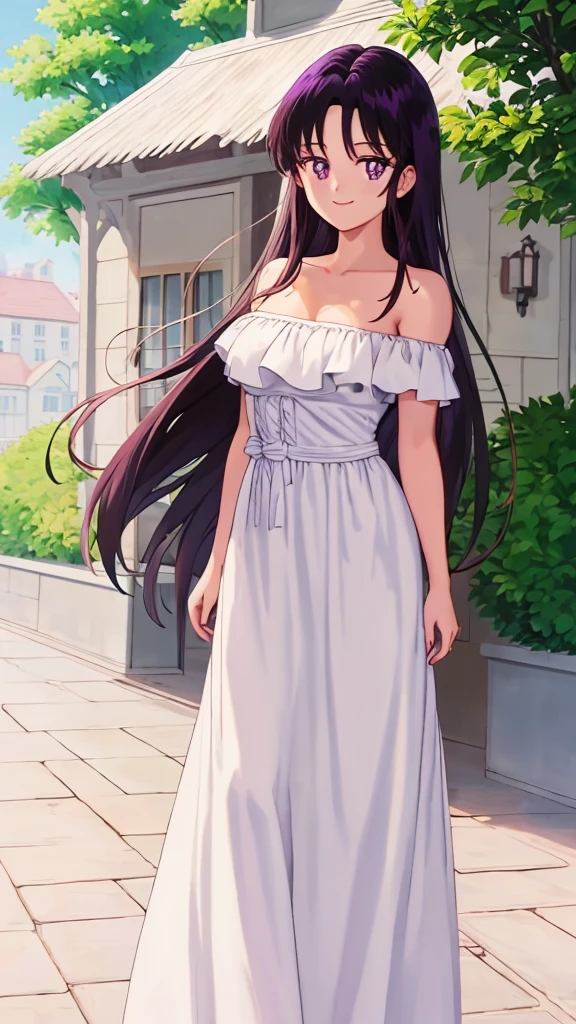 Rei_Hino, 1 girl, solo, Best quality, masterpiece, High Definition, Teenager, Purple Eyes, Beautiful Detail Eyes, Black Hair, Long Hair, Good hands, Smile, Bare Neck, Bare Arms, Bare Shoulders, White Ruffle Off-the-Shoulder Top, White Strapless Off-the-shoulder Dress, White Dress, Long maxi dress, standing near to a garden house Background, Rose bushes