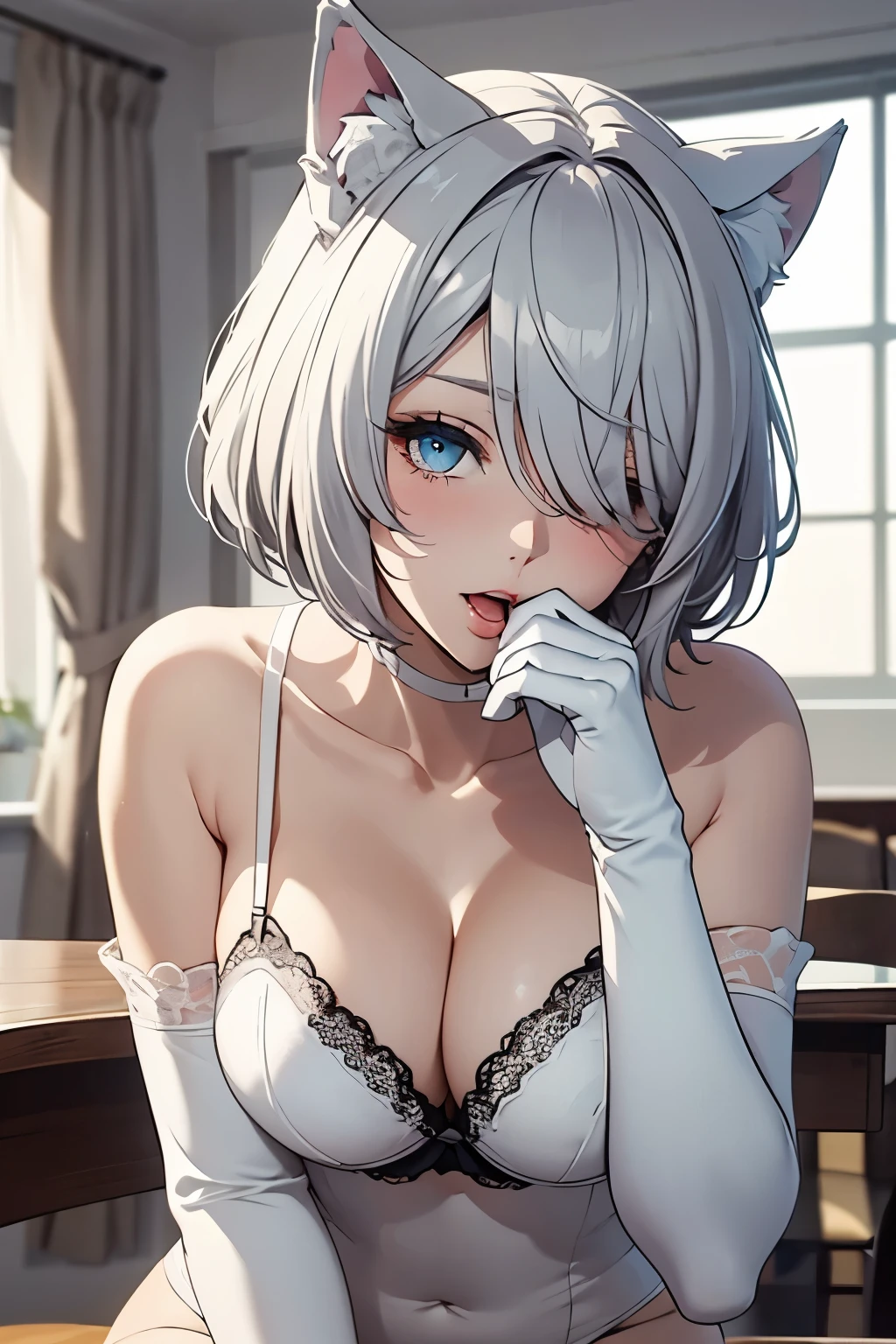 table top　High level image quality　best image quality　8K　 lady（I）　portrait　white long gloves　white pantyhose（（blanche））　lingerie（（Tube top）blanche））　wolf ears　short hair（（shortcut）（gray hair）（perm）（fluffy））　eye color is blue　sleepy face（（Yawn）（close one eye））　Cover your mouth with your hands　sit on top　on the bed