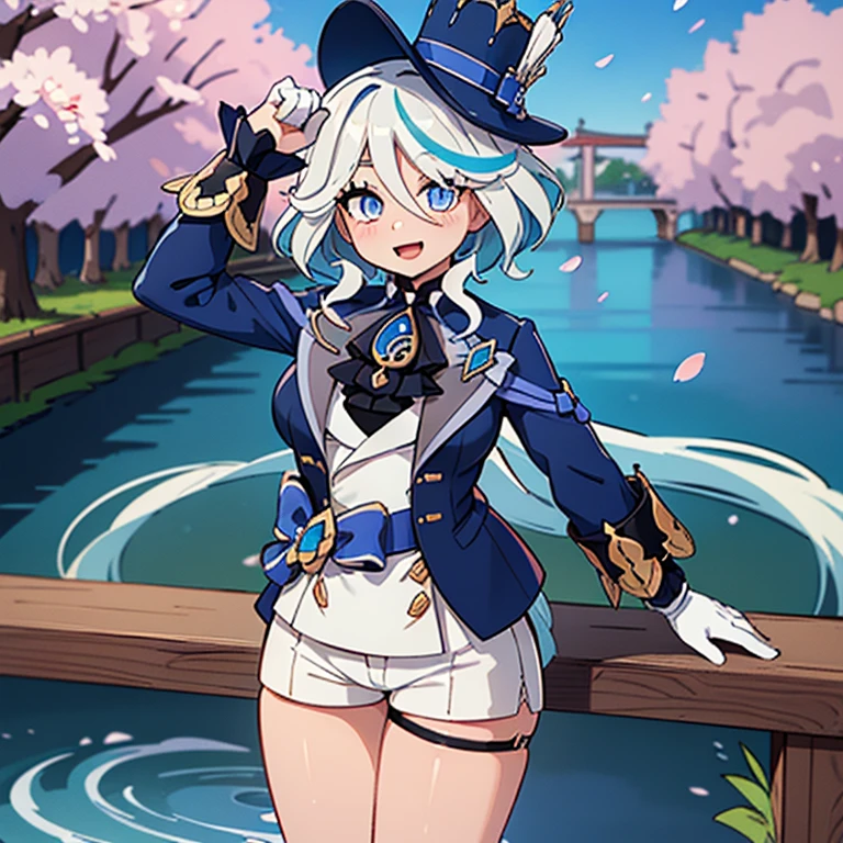 masterpiece, best quality, ultra-detailed, glistening shiny, glowing light, ray tracing, HDR, deph of field, (perfect face, detailed face, detailed eyes,perfect hands),(medium boobs:1.2),8k,HD,ultra realistic face,ray tracing,perfect lighting,best quality, ultra-detailed, shiny eyes, (looking at viewer,open mouth smile:1.1), ((1girl)), (mature female:1.4),cowboy shot,thighs,pov,
furina,long hair,((gradient hair)),multicolored eyes, gradient eyes, (glowing eyes:1.5), mascara, (fashion make up), parted lips,blush,shirt, gloves, long sleeves, hat,jewelry,jacket, white shirt, flower,shorts, black gloves,ascot, thigh strap, blue jacket, brooch, gem, blue headwear, blue flower, white shorts, hat flower, blue rose, tilted headwear, blue gemstone, blue ascot
((middle of japanese countryside,japanese bridge,over the bridge,river,cherry trees,cherry petals,dark blue sky,Koi on river)),(complex background, many elements in the background:1.2),((super detailed background)), mistress poses, ((8k wallpaper)),