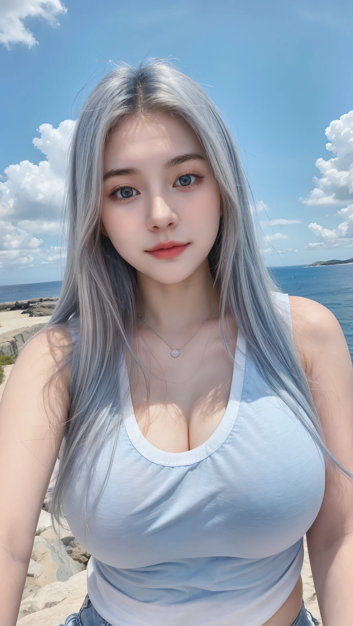 1 Girl, Beautiful, Baby Face, 20 Years Old, White Skin, Large Breasts, Sleeveless, Cleavage, White Modern Oversize T-shirt, Posing For Photos, Beautiful Blue Sea, Blue Sky, Grey Hair, Silver Straight Hair, ((adorable:1.1)), ((masterpiece:1.1)), Sleepy Cute Face