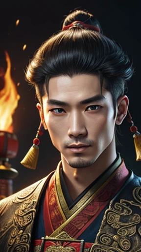 oriental、man in ancient chinese clothes、ancient chinese hairstyle man、three kingdom、multiple warlords、highest quality、masterpiece、ultra high resolution、(Photoreal:1.4)、game poster、fire、