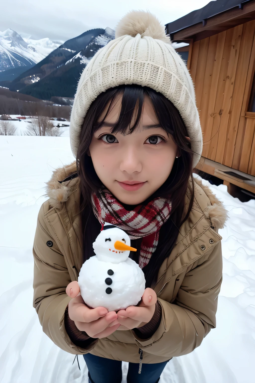 (Girl posing in front of a snowman1), white costume、round silhouette、black buttons、Carrot nose、snowman hat、snowman scarf、Snowflake Decoration、Winter boots, outside the mountain hut、pretty girl