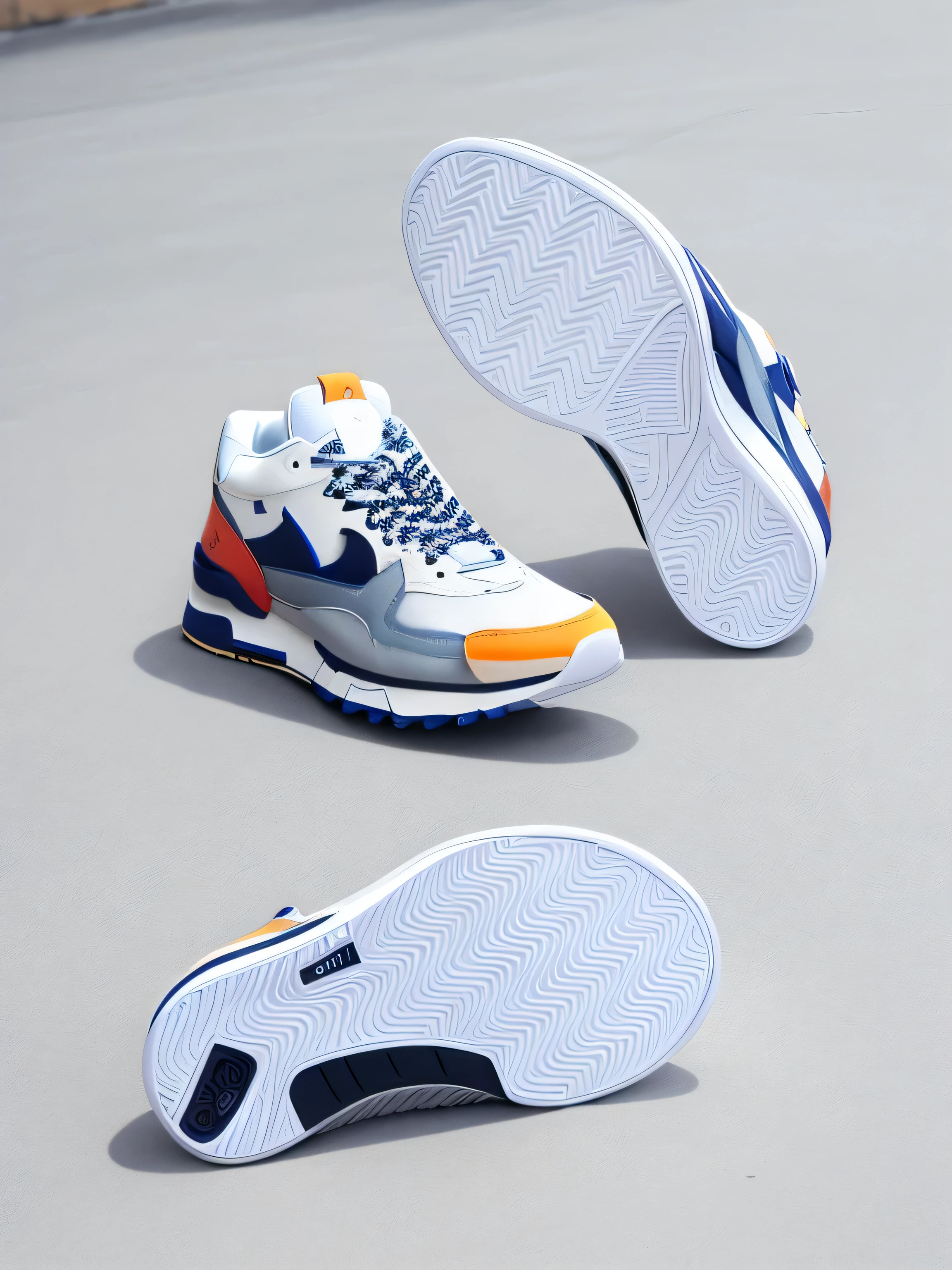 Close-up of a pair of sneakers with white soles, sneaker design,Sneakers should have three views from left to right