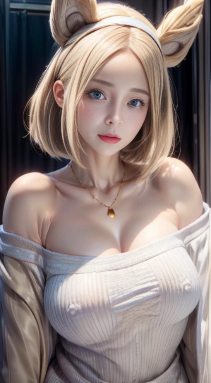 (Masseter muscle part:1.3)、(8K、Photoreal、RAW photo、highest quality: 1.4)、(1 girl)、beautiful face、(lifelike face)、(Light Beige Mixed Hair、short hair:1.3)、(big breasts)、off shoulder sweater、that'sticking out 、appear、((sexy))、beanie、Wearing a knitted cute pom-pom hat、necklace、(Display hats on the screen)、Realistic eyes beautiful details、（本物にappear肌）、beautiful skin、absurd、Charm、ultra high resolution、surreal、high detail、golden ratio
