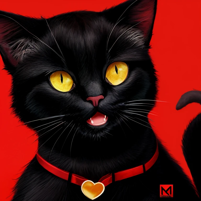 Black cat smilling, logo design, graphic design, drawing in bright red color,bright red background
