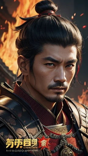 oriental、Man wearing ancient Chinese leather armor、ancient chinese hairstyle man、three kingdom、multiple warlords、highest quality、masterpiece、ultra high resolution、(Photoreal:1.4)、game poster、fire、