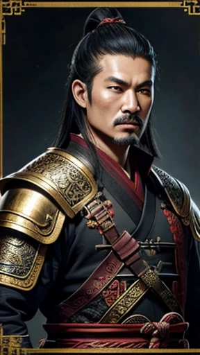 oriental、Man wearing ancient Chinese leather armor、ancient chinese hairstyle man、three kingdom、multiple warlords、highest quality、masterpiece、ultra high resolution、(Photoreal:1.4)、game poster、fire、
