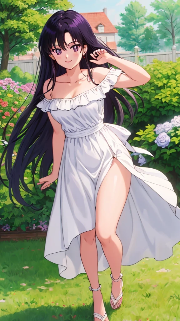 Rei_Hino, 1 girl, solo, Best quality, masterpiece, High Definition, Teenager, Purple Eyes, Beautiful Detail Eyes, Black Hair, Long Hair, Good hands, Smile, Bare Neck, Bare Arms, Bare Shoulders, White Ruffle Off-the-Shoulder Top, White Strapless Off-the-shoulder Dress, White Dress, Long maxi dress, standing near to a garden house Background, Rose bushes, close up.