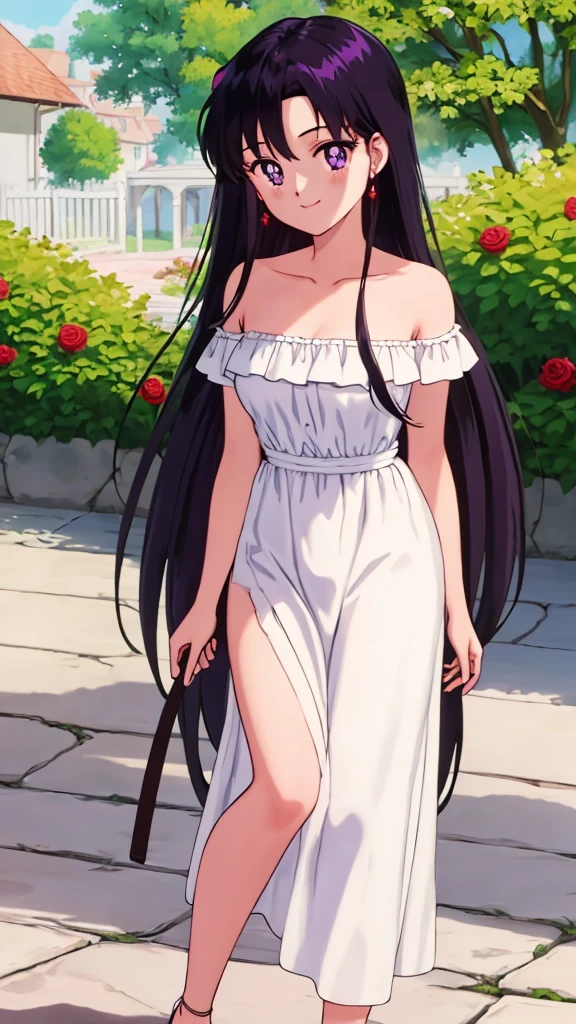 Rei_Hino, 1 girl, solo, Best quality, masterpiece, High Definition, Teenager, Purple Eyes, Beautiful Detail Eyes, Black Hair, Long Hair, Good hands, Smile, Bare Neck, Bare Arms, Bare Shoulders, White Ruffle Off-the-Shoulder Top, White Strapless Off-the-shoulder Dress, White Dress, Long maxi dress, standing near to a garden house Background, Rose bushes, close up.