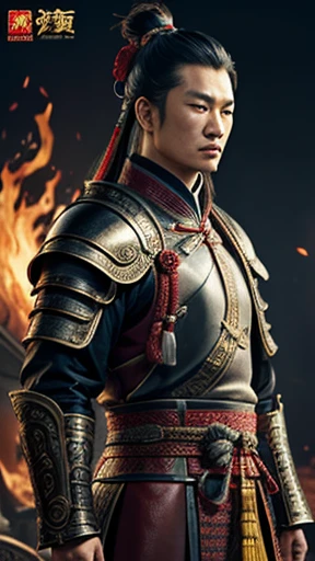 oriental、Man wearing ancient Chinese leather armor、ancient chinese hairstyle man、three kingdom、multiple warlords、highest quality、masterpiece、ultra high resolution、(Photoreal:1.4)、game poster、fire、