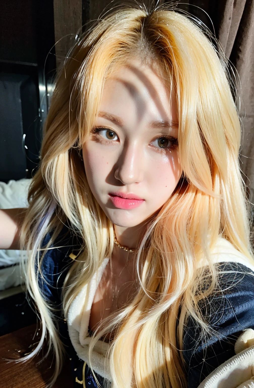 a close up of a person with long blonde hair and a teddy bear, roseanne park of blackpink, extremely pale blond hair, very very pale blond hair, ulzzang, pale round face, her hair  white, long blonde hair and big eyes, korean girl, pale glowing skin, pale porcelain white skin, a girl with blonde hair, jeon somi, somi jeon, angel eyes, long anime eyelashes, twin of jeon somi, somi doppelgänger, look like somi jeon, soft pink makeup