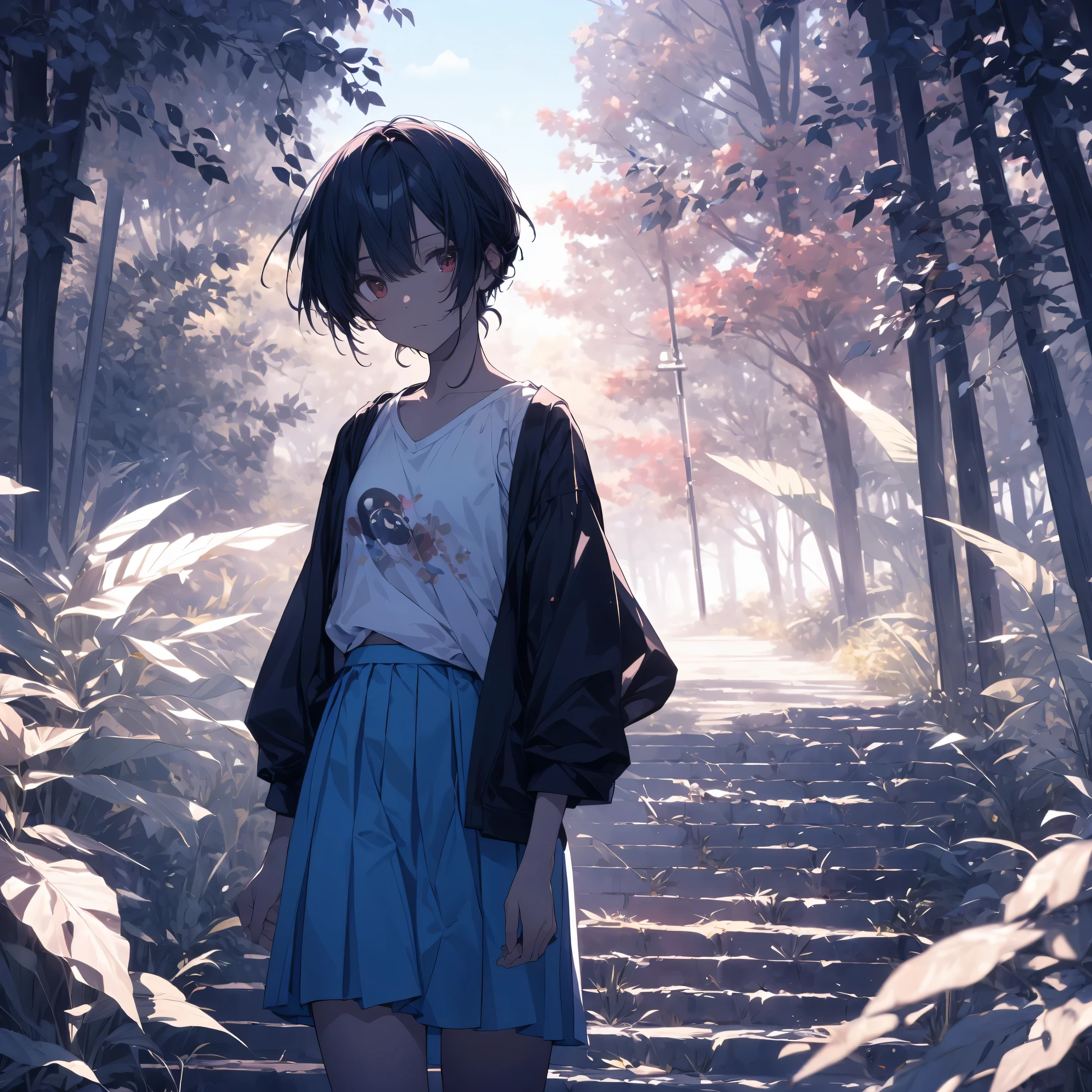 Super high quality by the art god, super detailed, High resolution,  Shinkai Makoto style,  anime moe art style, best anime 8K konachan wallpaper, pixiv contest winner, perfect anatomy, break,(Please draw a sleepy girl walking alone to the village.. ),break, surreal tomboy, (alone,change, child,:1.3),All limbs, full finger, ((black skin)), androgynous charm, (silver hair), messy hair, Ahoge, flat and soft chest, small ass, between legs, small eyes,beautiful detailed red eyes, Well-proportioned iris and pupils, High resolutionの詳細な髪, ((Tank top, skirt:1.3)), In front of Satoyama. break,super dense skin, Best lighting by famous artists, 8K, figure,