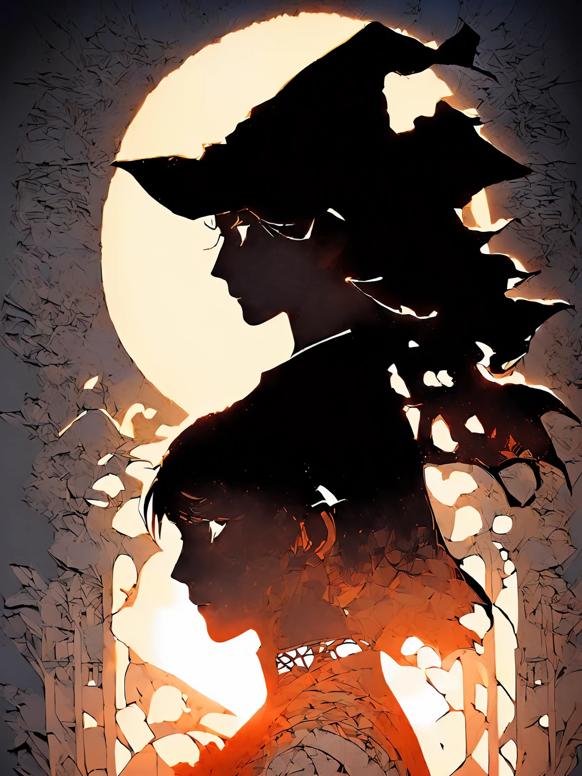 (Silhouette Art,cutouts:1.6)
(((Paper cutting art,A world where only black exists:1.3)

(Cowboy Shot),1 girl,Solo,
(Girl dressed as a witch,profile:1.2),white, Clear and beautiful face,Sunrise behind

break
(Traditional Japan inn)
Textured glass background,Arcana World