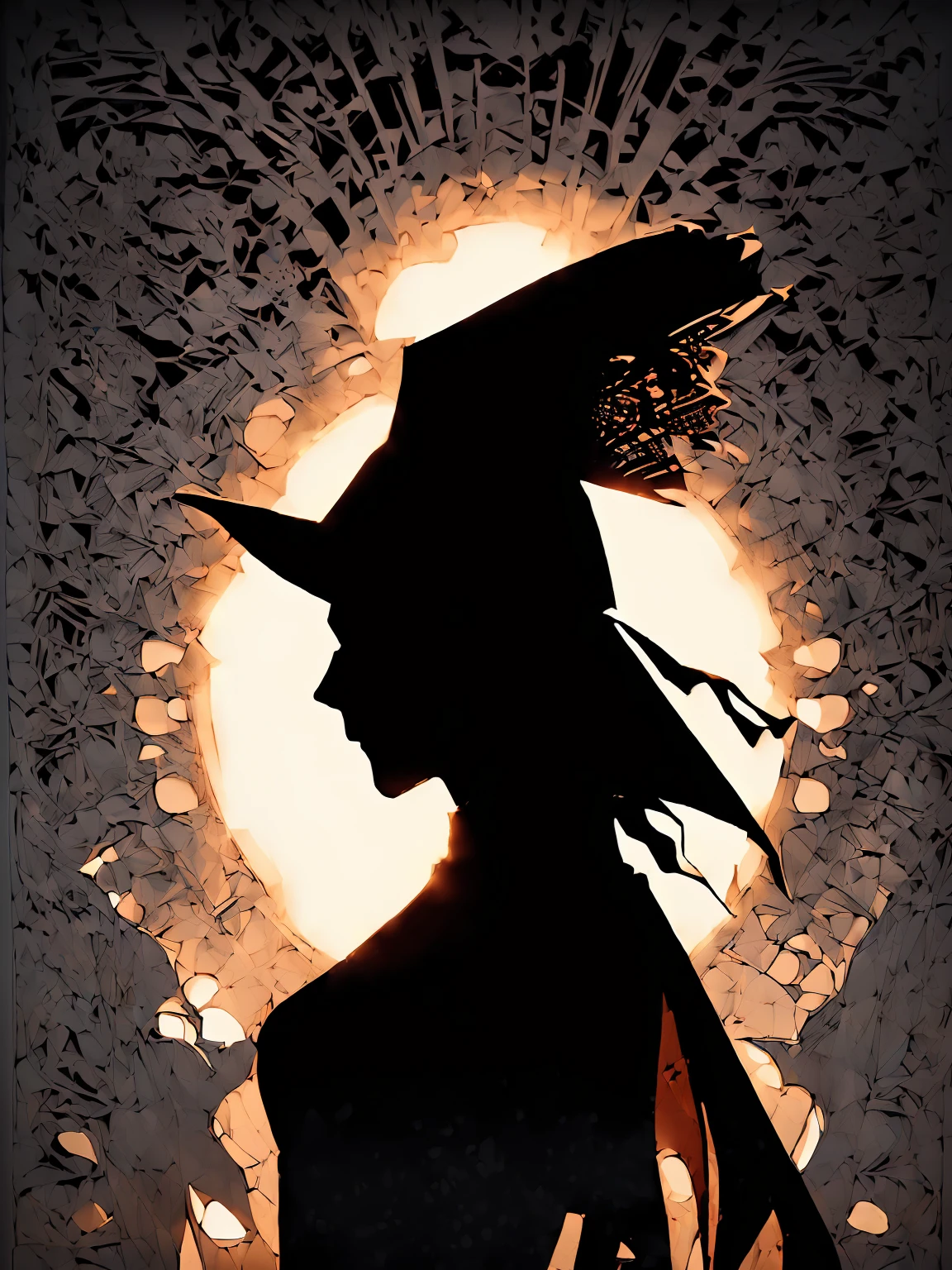 (Silhouette Art,cutouts:1.6)
(((Paper cutting art,A world where only black exists:1.3)

(Cowboy Shot),1 girl,Solo,
(Girl dressed as a witch,profile:1.2),white, Clear and beautiful face,Sunrise behind

break
(Traditional Japan inn)
Textured glass background,Arcana World