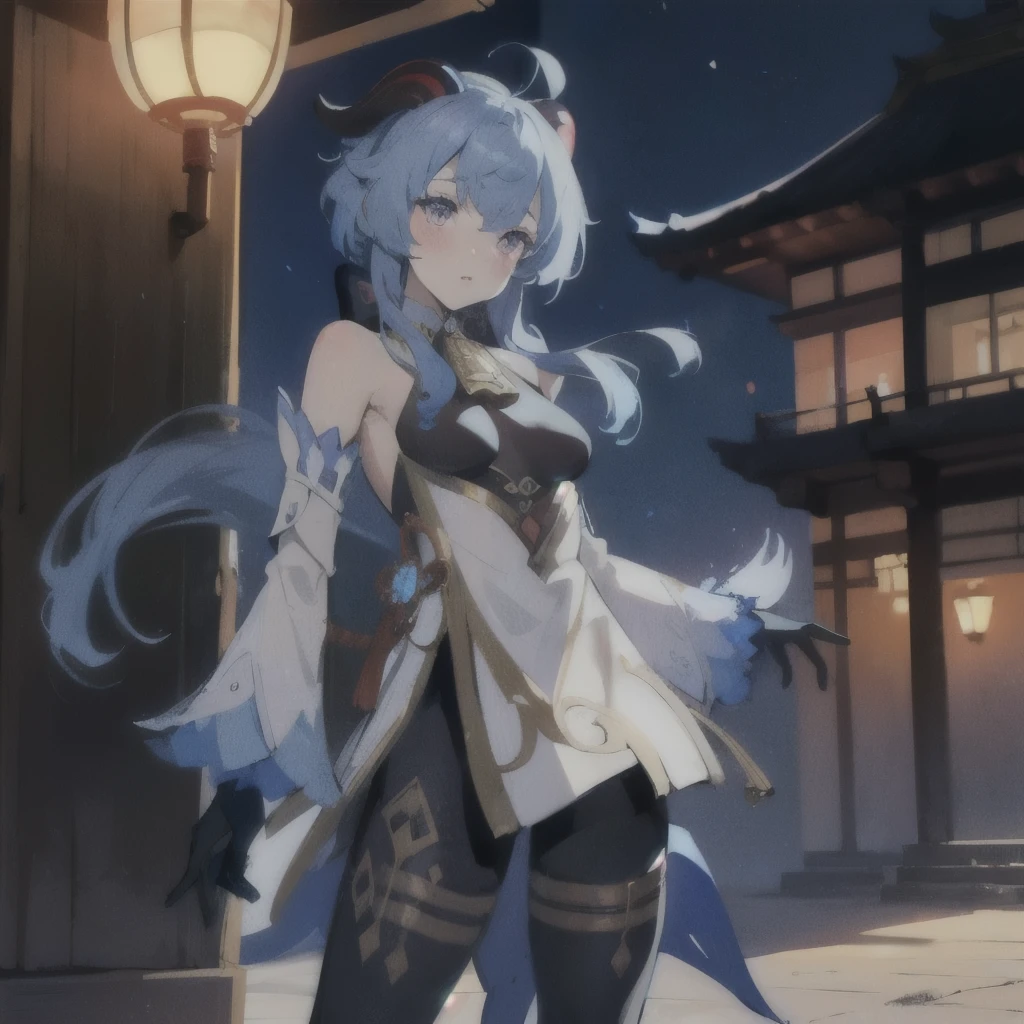 ganyu \(genshin impact\), 1girl, architecture, bangs, bare shoulders, bell, black gloves, black pantyhose, ((blue hair)), blush, breasts, detached sleeves, flower knot, gloves, horns, long hair, looking at viewer, medium breasts, neck bell, night, outdoors, pantyhose, purple eyes, resting onthe wallside, one leg up hands up similing)