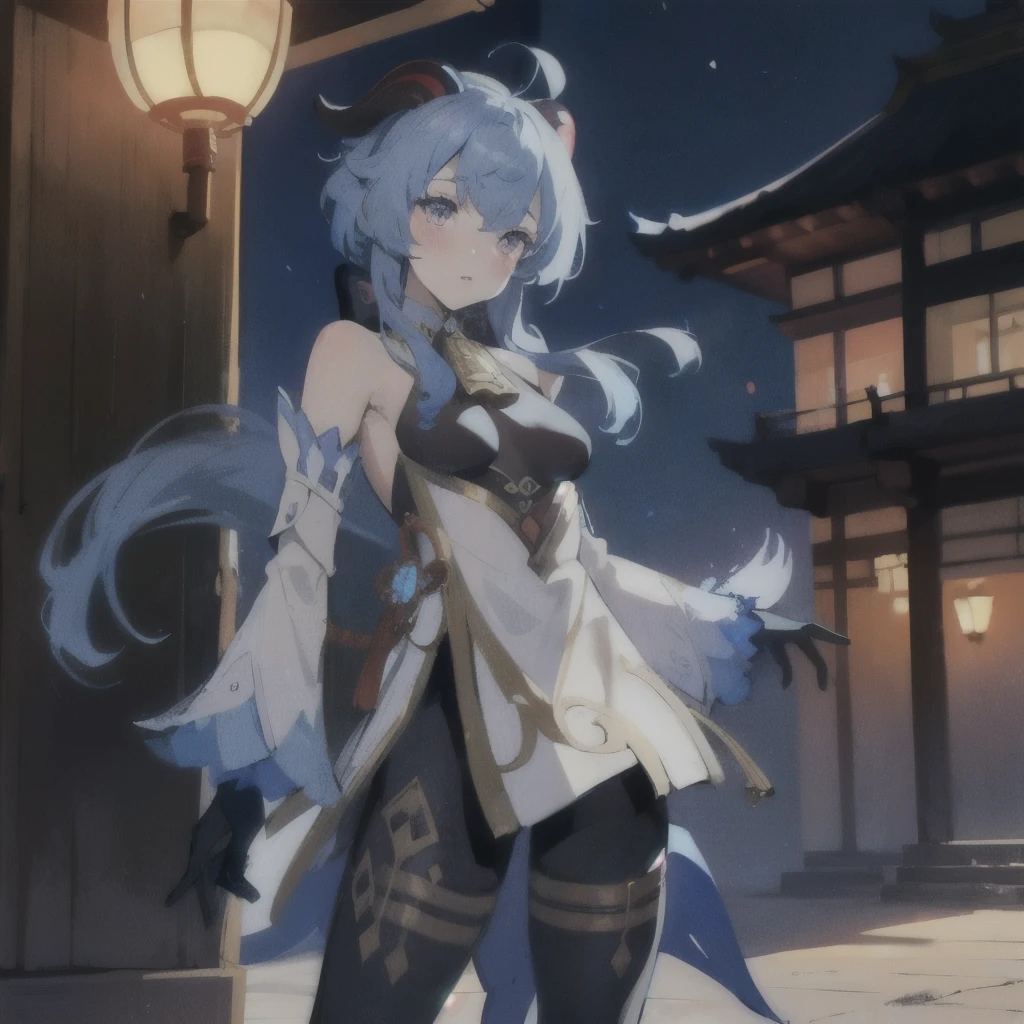 ganyu \(genshin impact\), 1girl, architecture, bangs, bare shoulders, bell, black gloves, black pantyhose, ((blue hair)), blush, breasts, detached sleeves, flower knot, gloves, horns, long hair, looking at viewer, medium breasts, neck bell, night, outdoors, pantyhose, purple eyes, resting onthe wallside, one leg up hands up similing)