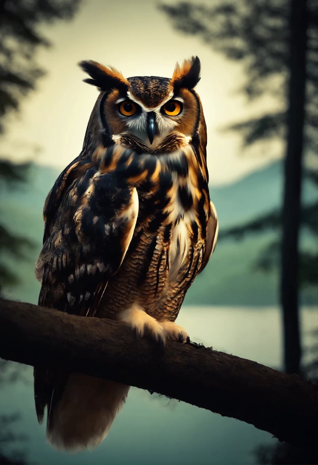 Huge owl, Forest in the background, mountains, lake, night, moon, moonlight illumination, crickets, Fireflies