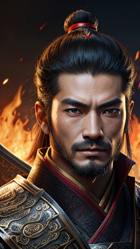 oriental、Man wearing ancient Chinese leather armor、ancient chinese hairstyle man、three kingdom、multiple warlords、highest quality、masterpiece、ultra high resolution、(Photoreal:1.4)、game poster、fire、
