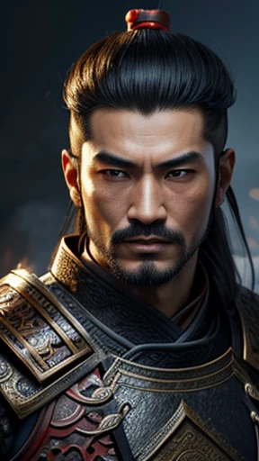 oriental、Man wearing ancient Chinese leather armor、ancient chinese hairstyle man、three kingdom、multiple warlords、highest quality、masterpiece、ultra high resolution、(Photoreal:1.4)、game poster、fire、