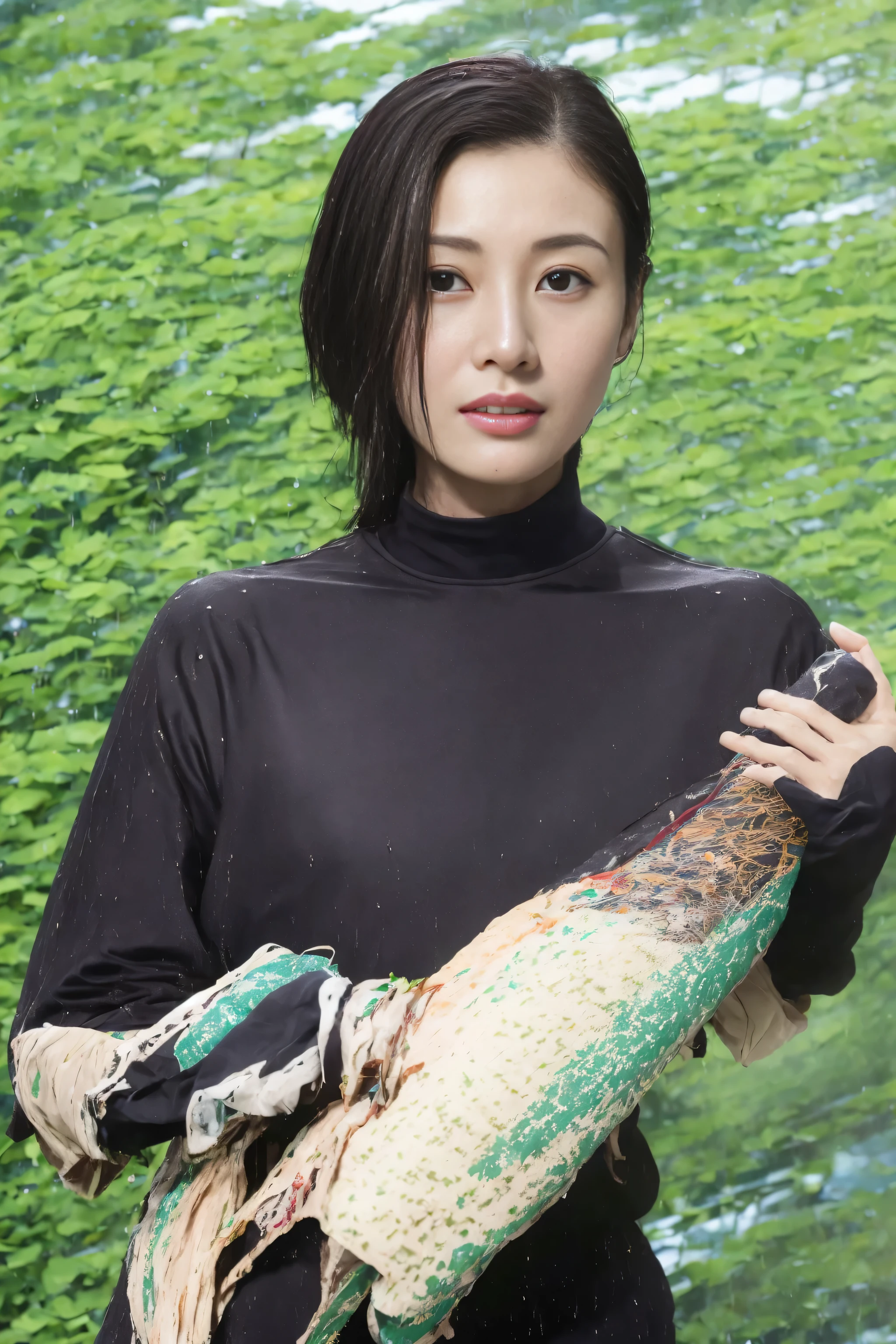(quality, 4K, masterpiece: 1.3), Mixed Central European woman, 1 girl, of: 1.1, dark brown hair: 1.1, (The rain got 湿of, The rain got 湿of, 湿of: 1.3), luster, lotion, Wetsuit, 超详细of脸部, 详细of嘴唇, 细致of眼睛,