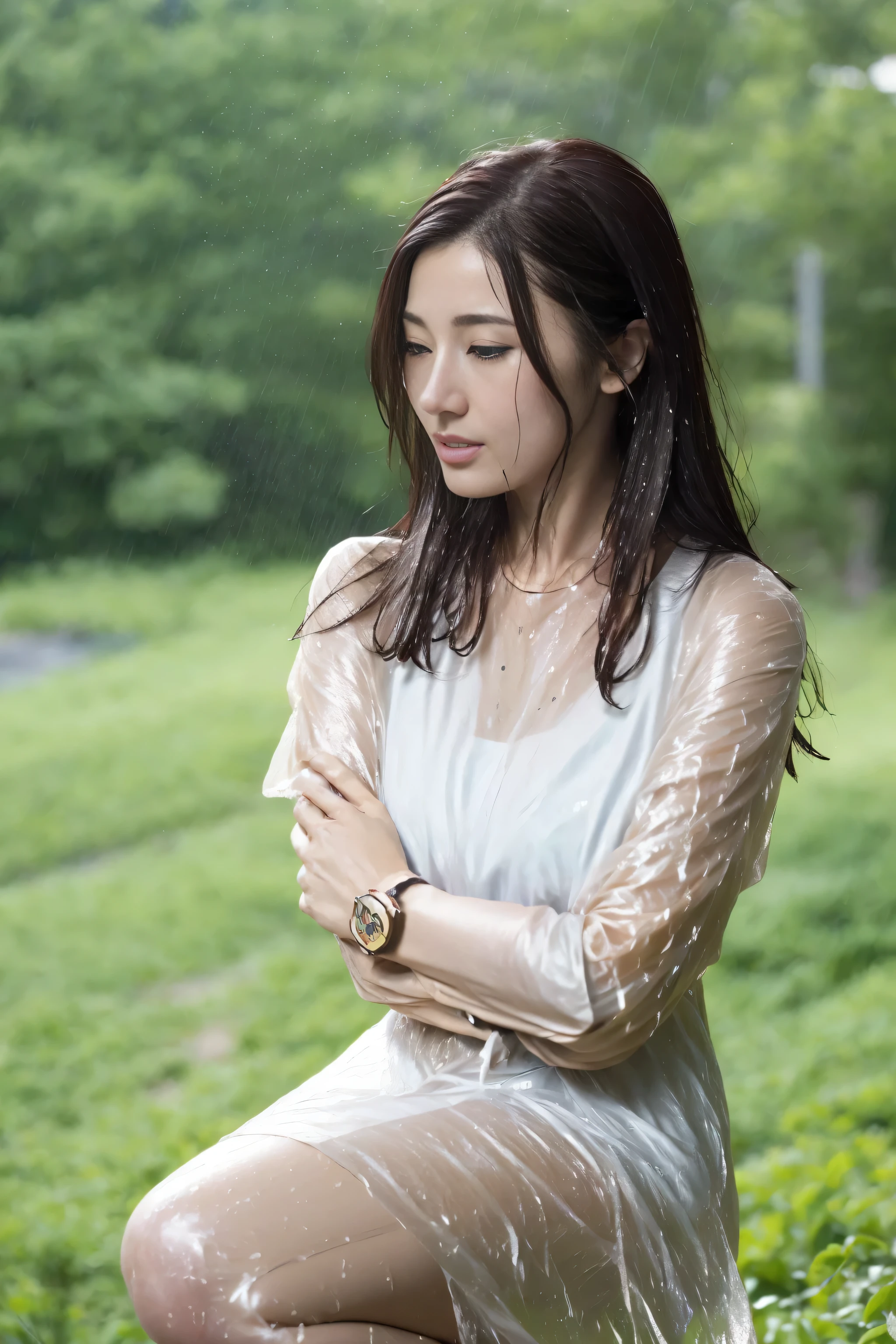 (quality, 4K, masterpiece: 1.3), 1 20 year old model girl, of: 1.1, dark brown hair: 1.1, (The rain got wet, The rain got wet, wet: 1.3), luster, (((Three-point swimsuit))), (((Super detailed of face))) ,(((Close-up of face))) ,Detail of lips, Meticulous eyes,，super beautiful girl