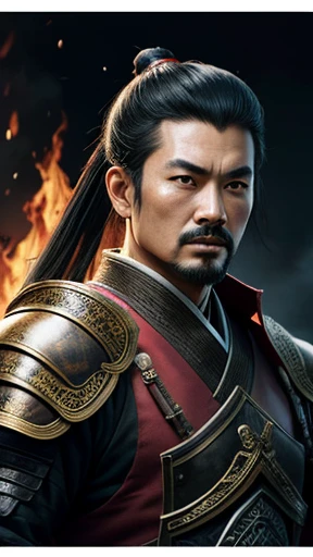 oriental、Man wearing ancient Chinese leather armor、ancient chinese hairstyle man、three kingdom、multiple warlords、highest quality、masterpiece、ultra high resolution、(Photoreal:1.4)、game poster、fire、