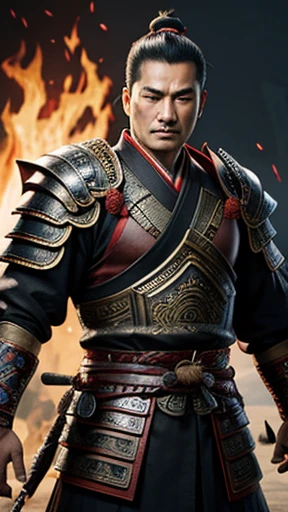 oriental、Man wearing ancient Chinese leather armor、ancient chinese hairstyle man、three kingdom、multiple warlords、highest quality、masterpiece、ultra high resolution、(Photoreal:1.4)、game poster、fire、
