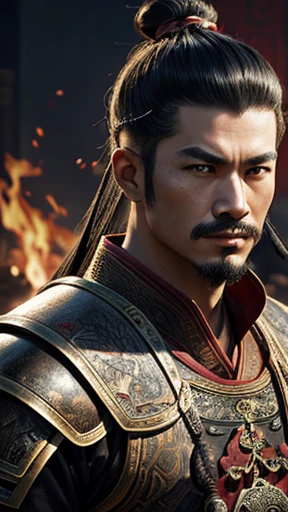 oriental、Man wearing ancient Chinese leather armor、ancient chinese hairstyle man、three kingdom、multiple warlords、highest quality、masterpiece、ultra high resolution、(Photoreal:1.4)、game poster、fire、