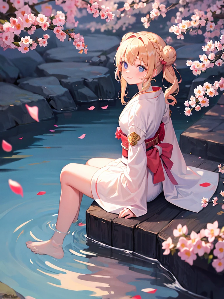 (masterpiece)++,(sweet illustration)+,detailed gradient eyes,outdoors, Peach blossom, scenery, reflection water surface, sunlight, 1girl, sitting, kimono, from back, looking at viewer, medium bob, blonde hair, (bun_head, twintails), shiny wavy hair, blue eyes, light smile, lens flare, petals, Japanies Hairpin, kanzashi, braided bangs, cute, girl, 14-yo,tit falling petals,ancient city,