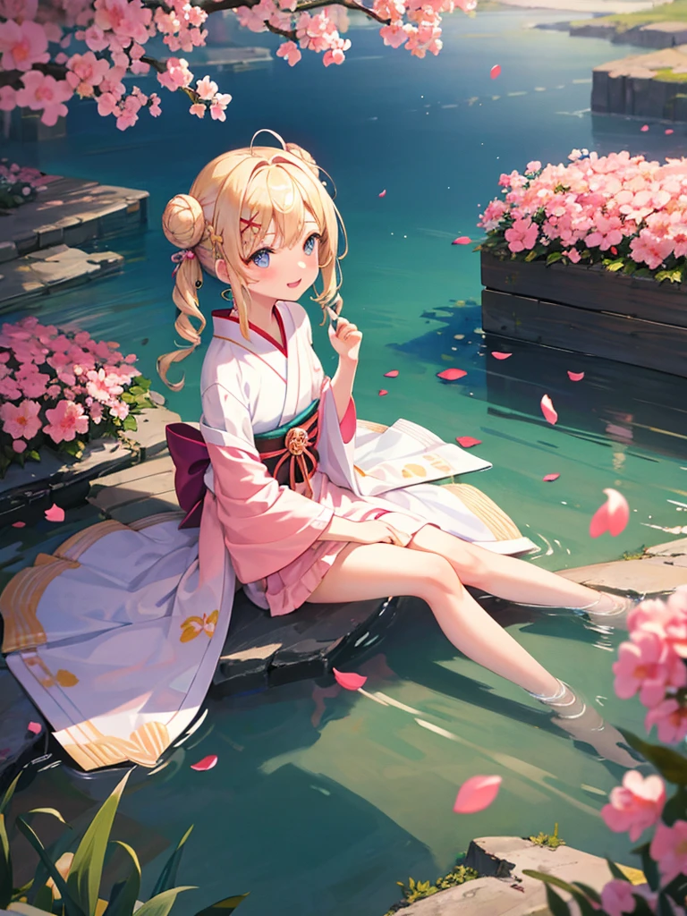 (masterpiece)++,(sweet illustration)+,detailed gradient eyes,outdoors, Peach blossom, scenery, reflection water surface, sunlight, 1girl, sitting, kimono, from back, looking at viewer, medium bob, blonde hair, (bun_head, twintails), shiny wavy hair, blue eyes, light smile, lens flare, petals, Japanies Hairpin, kanzashi, braided bangs, cute,little girl, 14-yo,petite, falling petals,ancient city,